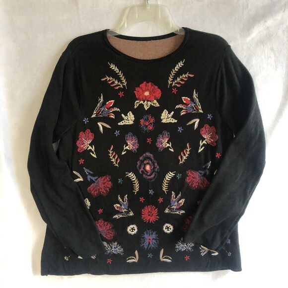 J. Jill Sweaters - J Jill Black & Red Floral Cotton Sweater w/Wool Embroidery Blouse Top Size Large